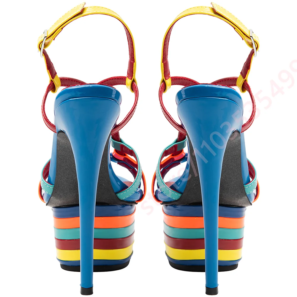 Women Rainbow Color Block Platform Sandals Ultra High Stiletto Heel Open Toe Slingback Buckle Strappy Club Party Dress Heels