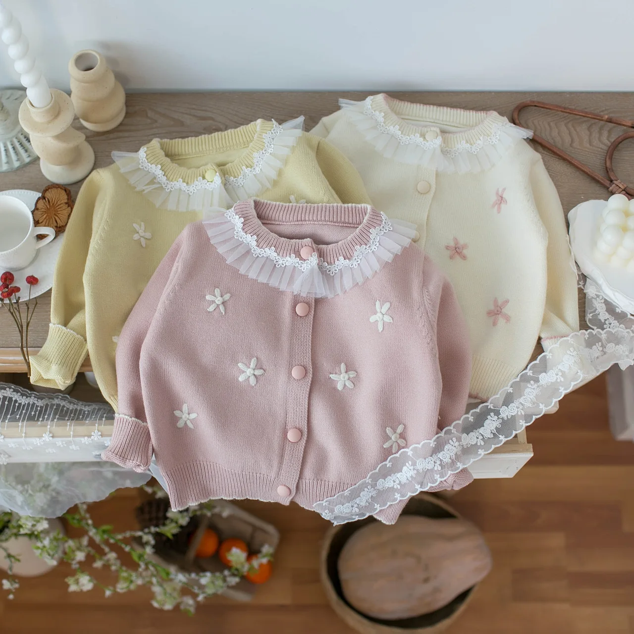 2026 Spring Autumn New Girls Sweater Sweet Soft Knit Cardigan Lace Floral Embroidery Decor Children Sweater Jacket Outerwear Top