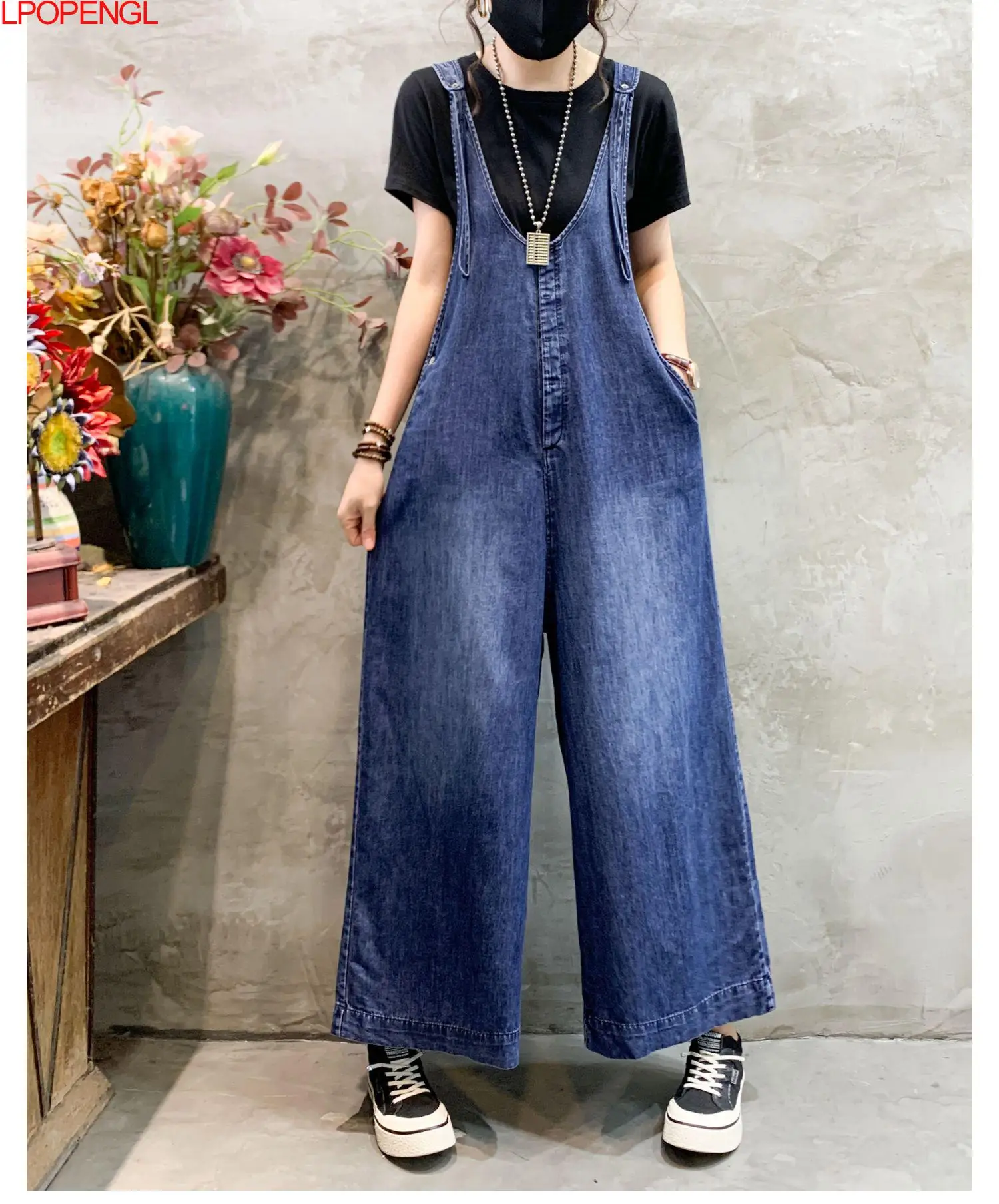 New Vintage Solid Color Personalized Denim Overalls Women\'s Fashion High Waisted Streetwear Straight Jumpsuit One Piece Pants