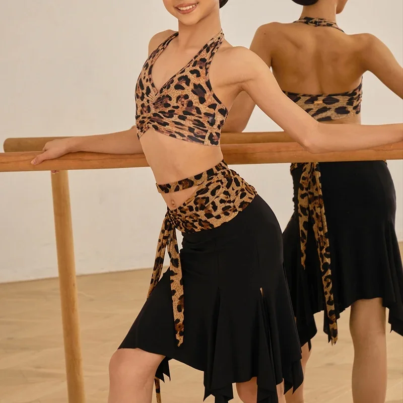 

New Children Latin Practice Clothes ZYM Latin Dance Tops For Girls V-Neck Hanging Neck Vest Chacha Rumba Tango Dress