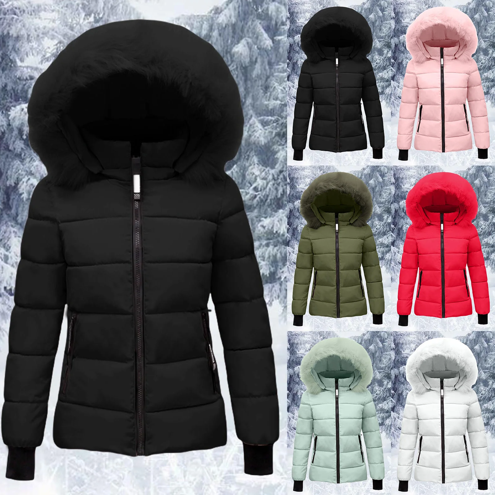 Dámská zesílená zimní bunda s chlupatou kapucí, venkovní tenká prošívaná bunda se zipem a kapsami, bavlněný péřový kabát, dámské svrchní oblečení - náhled 2