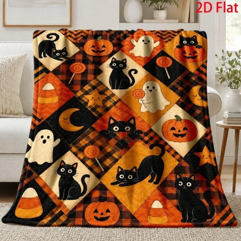Flannel Throw Blanket Halloween Plaid Patchwork Black Cat Ghost Pumpkin Candy Corn Print Warm Sofa Blanket