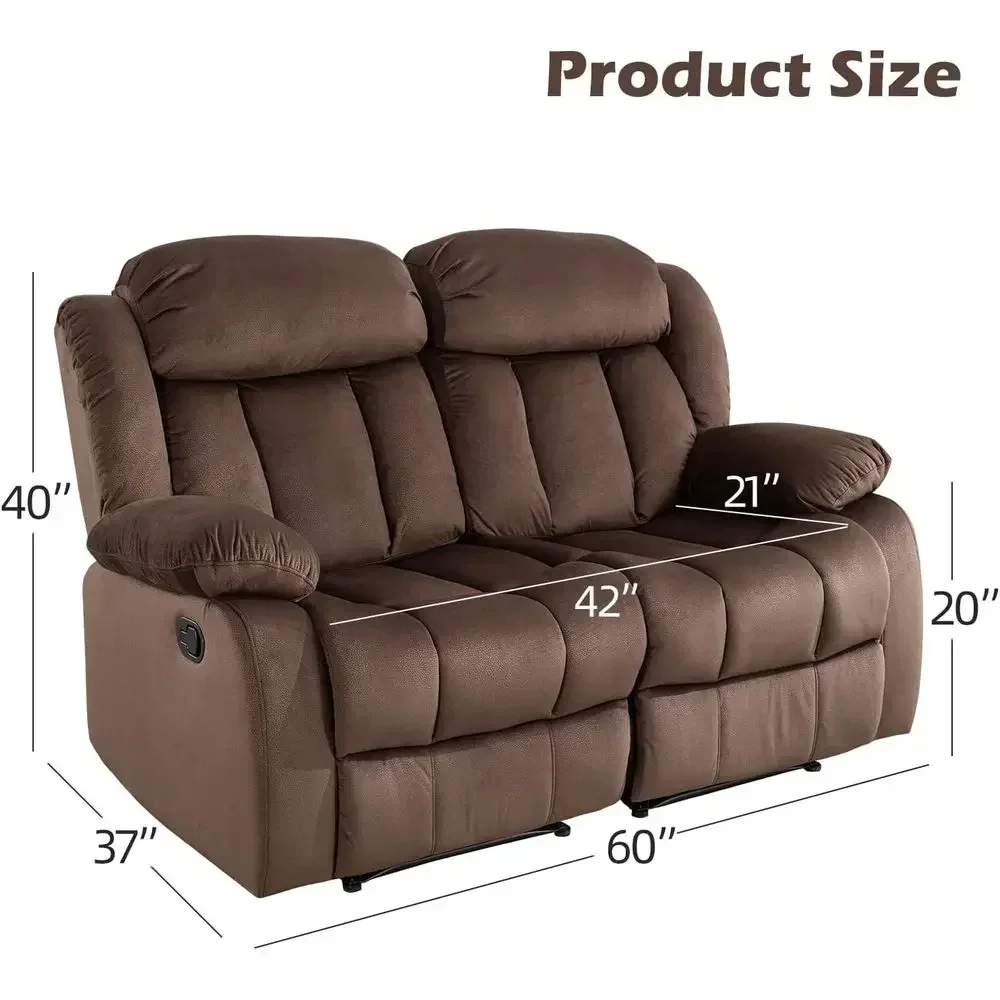 Double Seater Reclining Loveseat with Padded Armrests, Overstuffed Back, Ideal for Living Room or Theater Seating, Brown