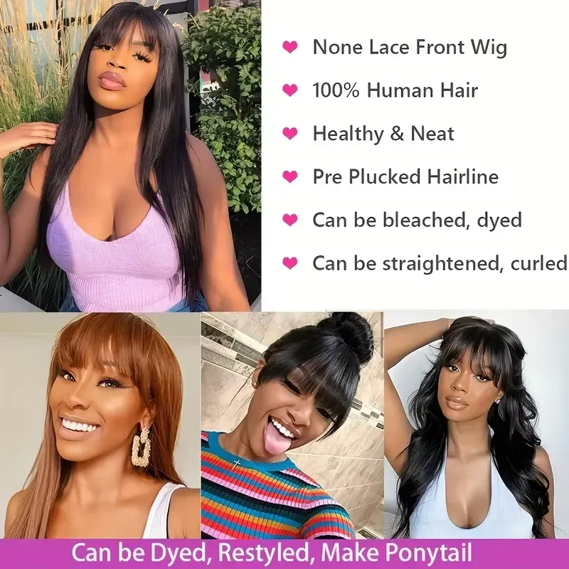 Straight Human Hair Wigs With Bang Full Machine Made Wigs 30 34 inch Natural Color Wig 3x1 Lace Front Remy Human Hair Wigs image 4