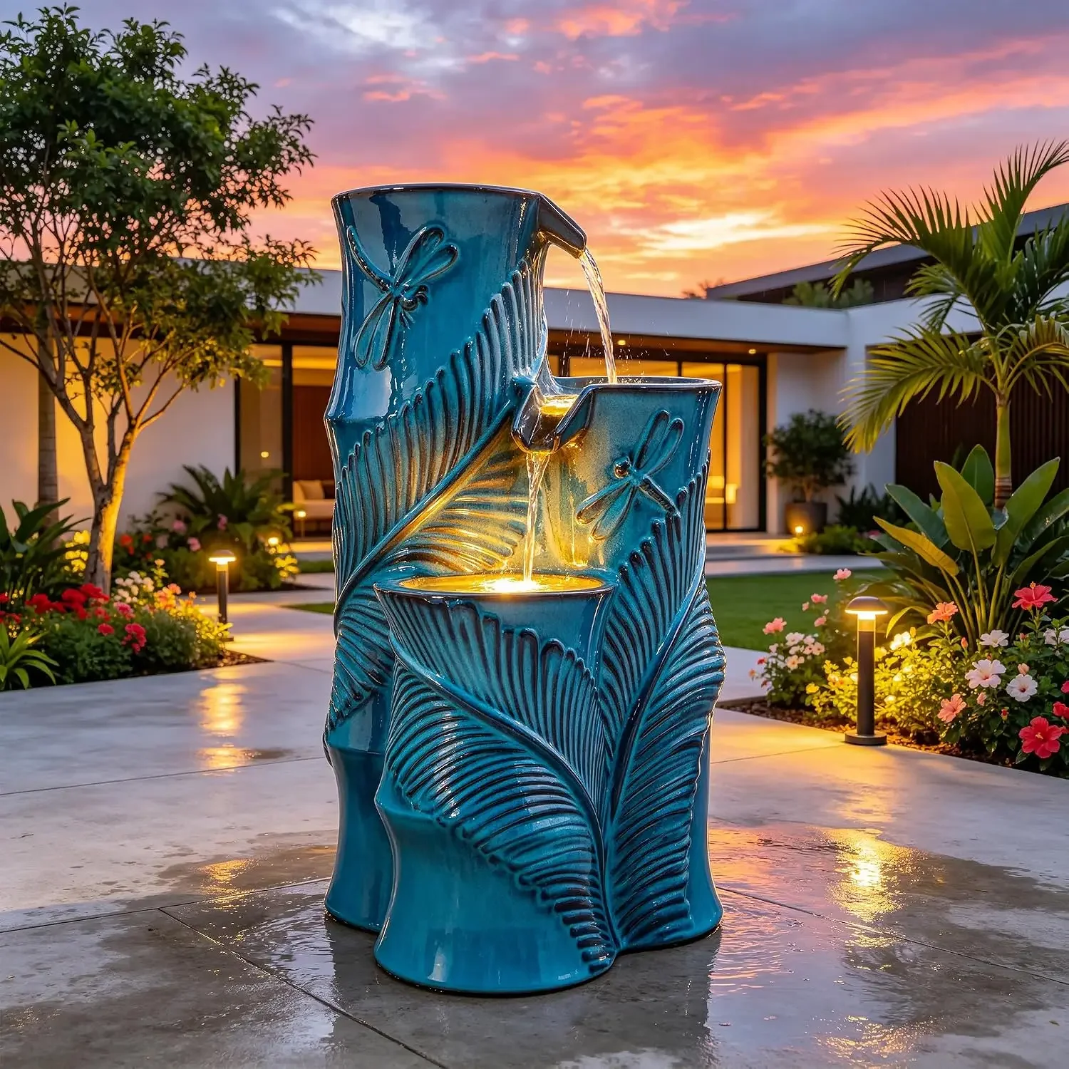 Autodaya Tropical Turquoise Ceramic Outdoor Water Fountain with Lights | 3-Tier Bamboo-Style Cascading Waterfall Feature