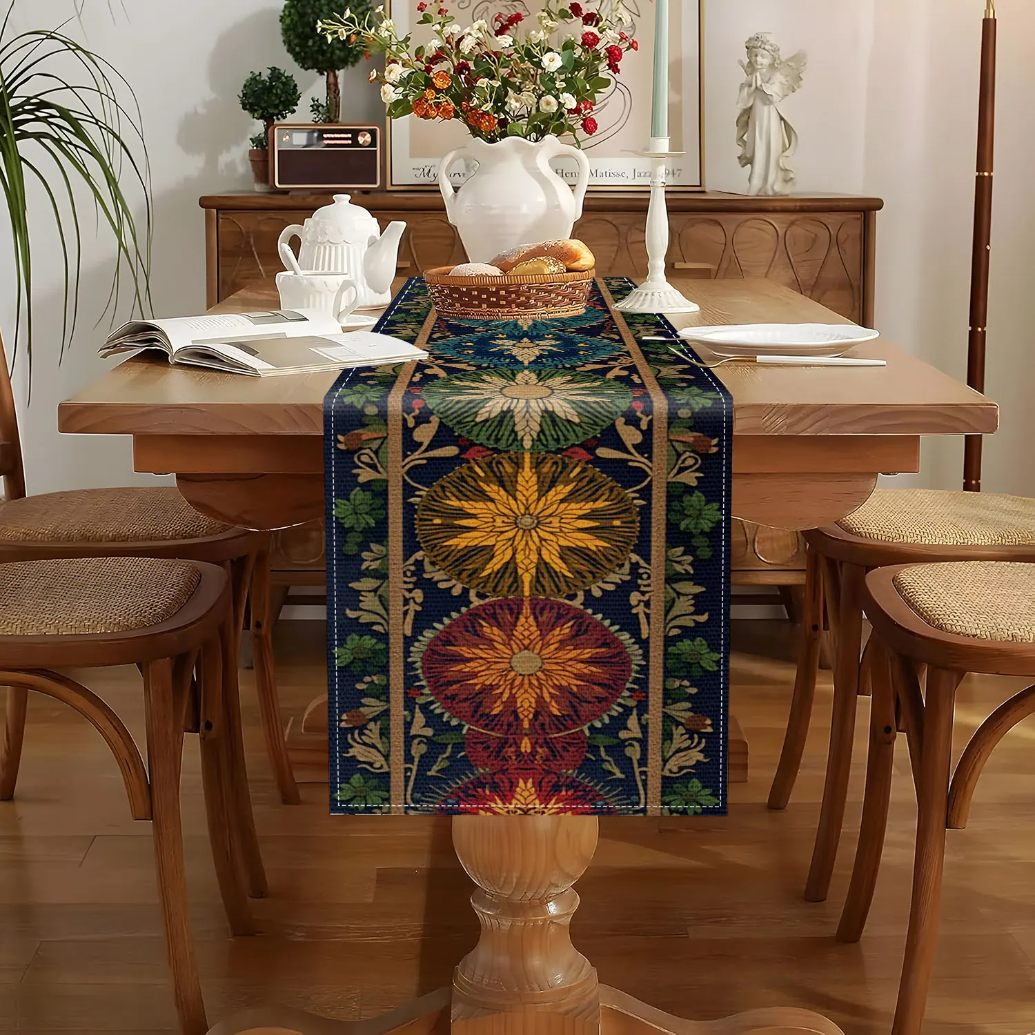 1 Piece of Ethnic-Style Floral Embossed Table Runner, with Deep Blue Background Adorned with Colorful Three-Dimensional Flowers and Gold Patterns, Suitable for Ethnic Restaurants, Art Exhibitions, Cultural Salons, Guesthouse Decorations, Creative Studios, Specialty Gifts, Folk Activities, and Vintage Space Settings