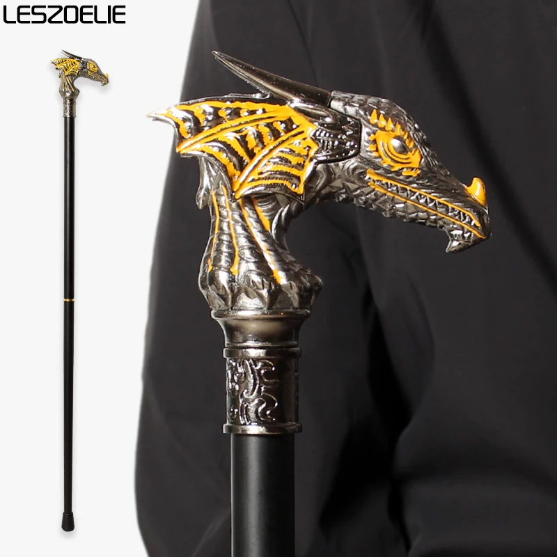 

Антикварная серебряная роскошная трость с головой дракона с желтым украшением, мужские декоративные модные трости, женские элегантные съемные палочки