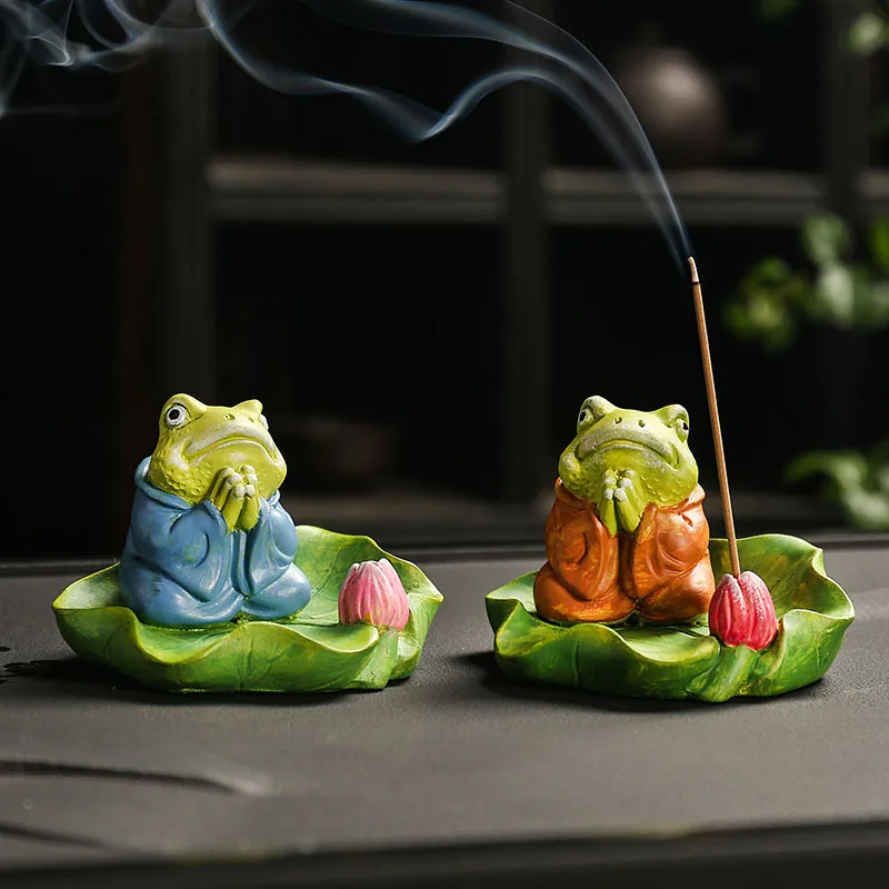 Frog Lotus Leaf Tea Pets Ceramic Ornament Home Zen Thread Incense Burner Base Figurine for Tea Ceremony Decoration Brush Holder