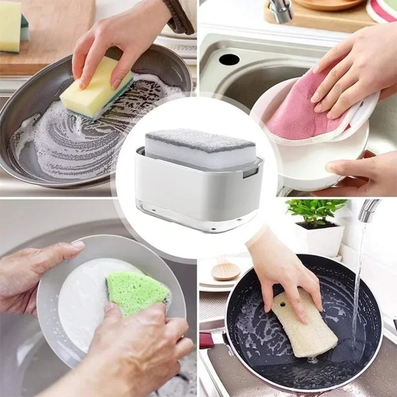 2In1 Afwasmiddeldispenser Vloeibare Zeep Pomp Dispenser Zeepcontainer Met Spons Houder Voor Keuken Badkamer Wassen Accessoires