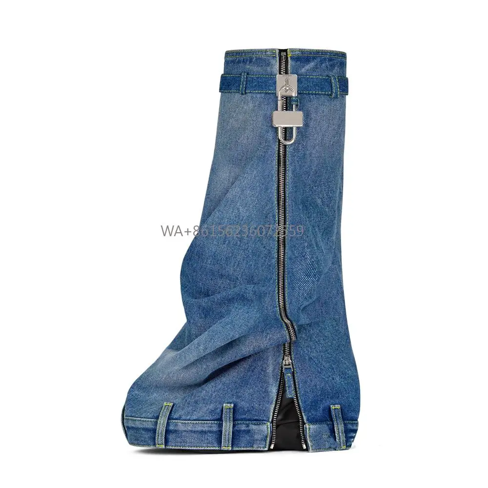 Party Fashion Denim Knee Lock Boots High Design Street Boots Female Sexy Round Toe Zip Platform Dress Boots Slip On Lady Shoes