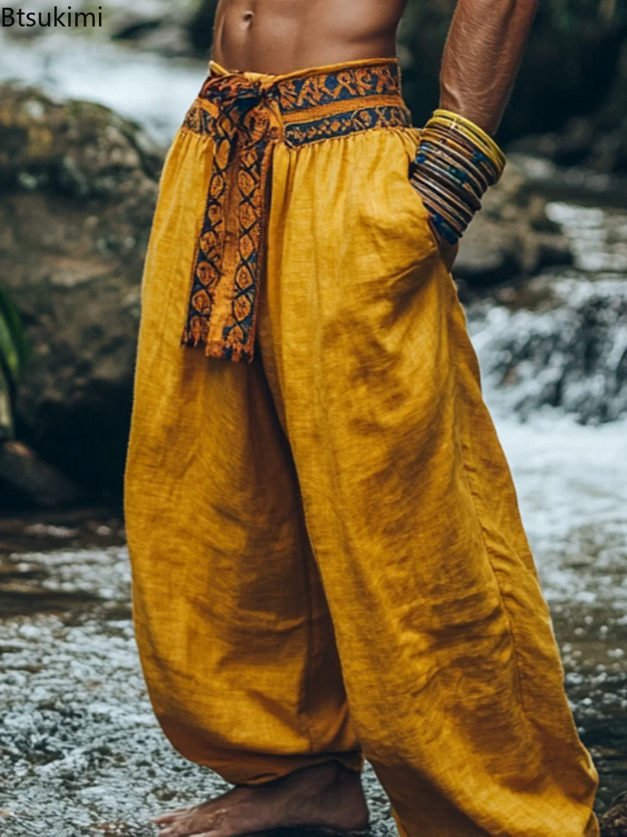 

Весна-лето Новые мужские повседневные свободные лоскутные шаровары Ретро Этнический стиль Широкие брюки на шнуровке Мужские дышащие пляжные брюки