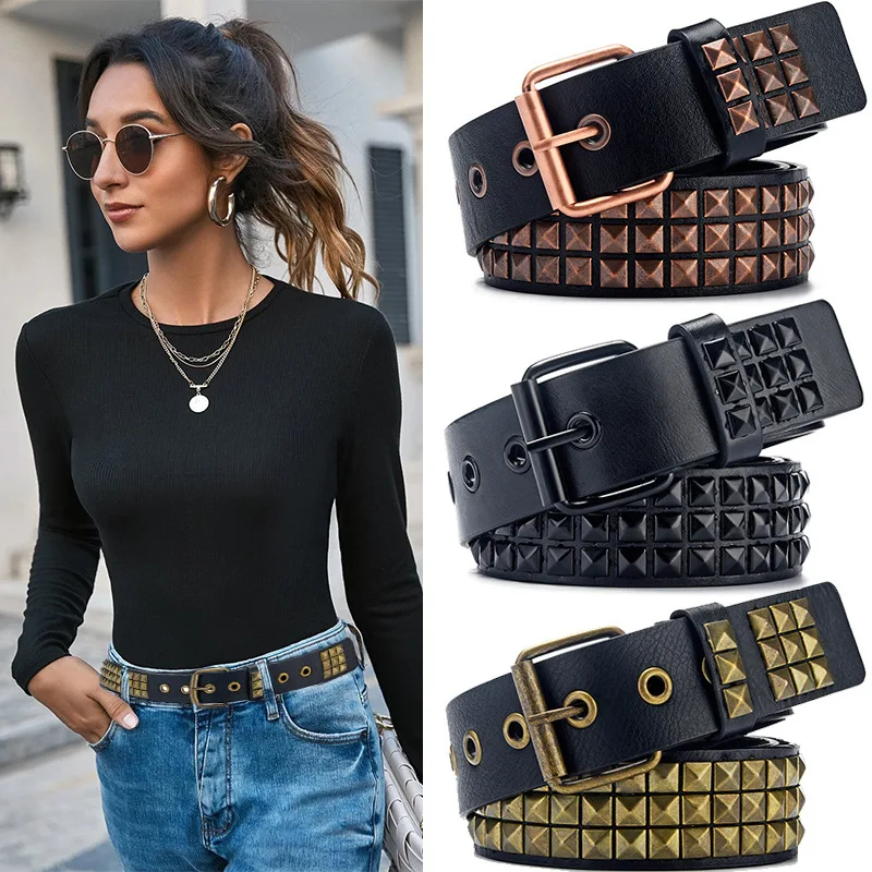 

men's fashion studded belt goth punk dress womens split leather belts pin buckle waistband vintage youth jeans girdle mans sash