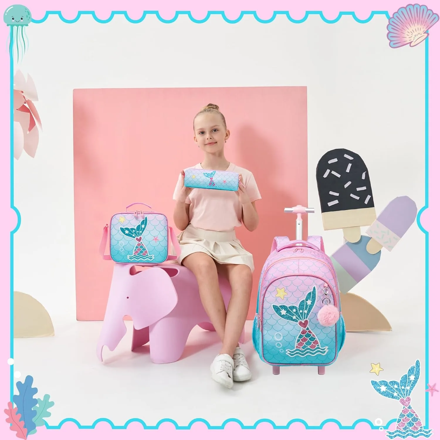Bunnyfly 3PCS Rolling Backpack for School Kids Wheeled Backpack with Silent Wheels Lightweight Primary School Bag Durable Daypac