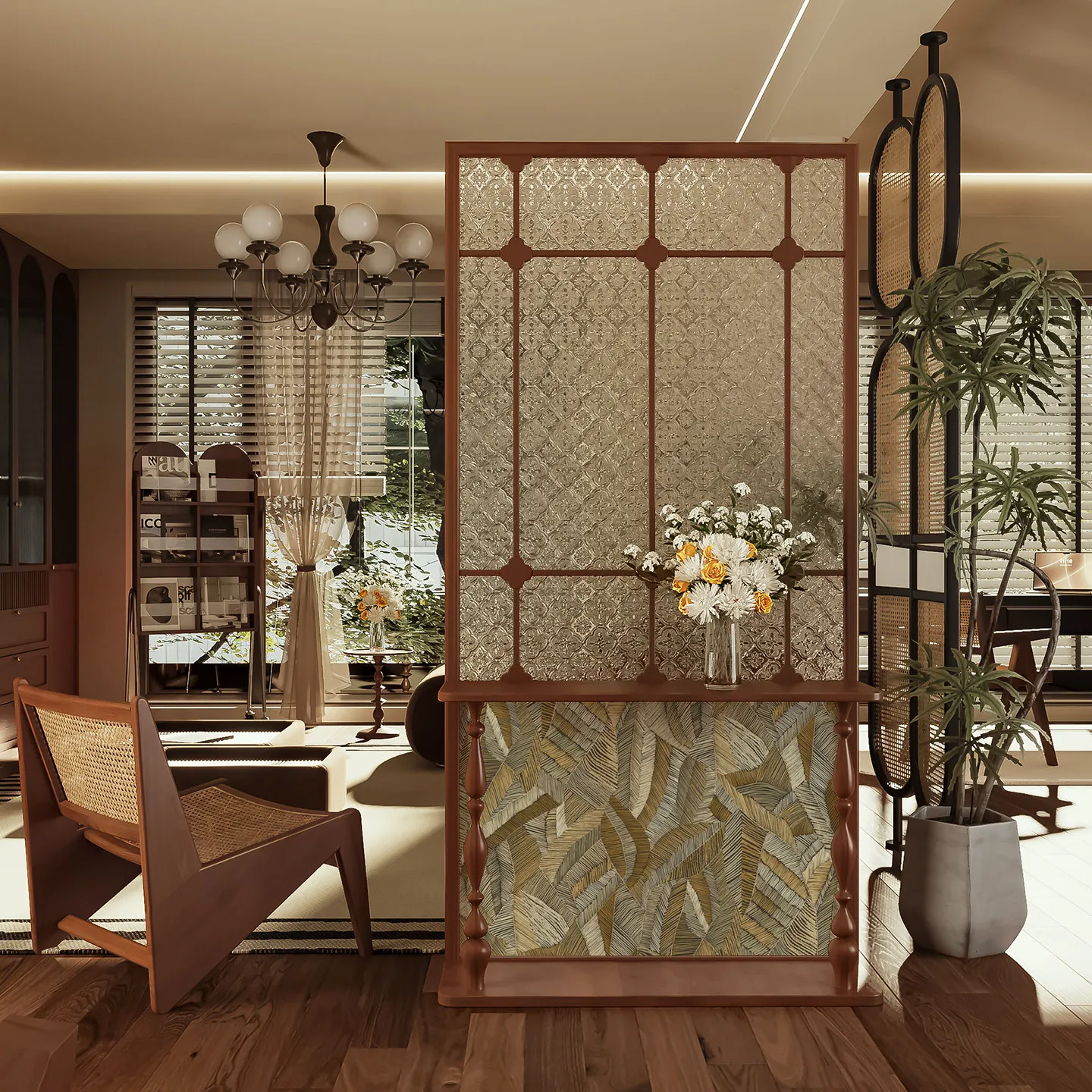 French retro solid wood screen partition living room bedroom begonia glass cover home entrance decoration baffle seat screen