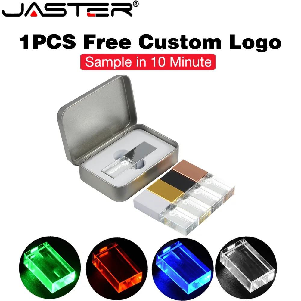 Red LED USB Flash Drive 128GB Free Customized Logo Pen Drive Crystal Memory Stick 64GB Metal Box Pendrive 32GB Creative Gift U