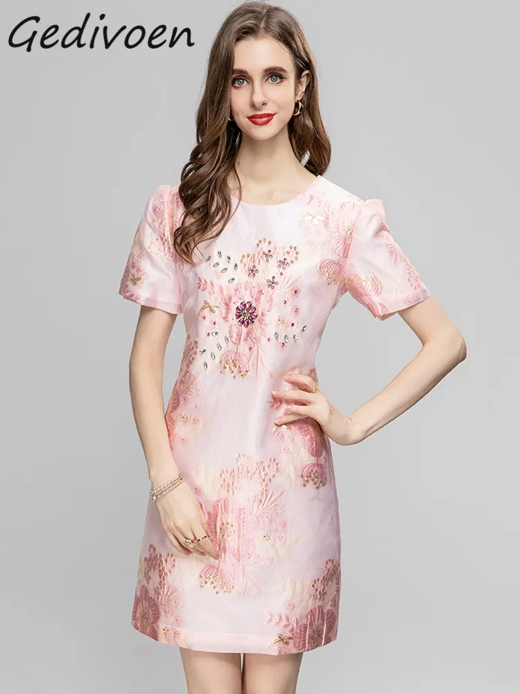 

Gedivoen Summer Fashion Designer Pink Elegant Party Dress Women's O-neck Short Sleeve Sequin Diamond Beading Jacquard Mini Dress