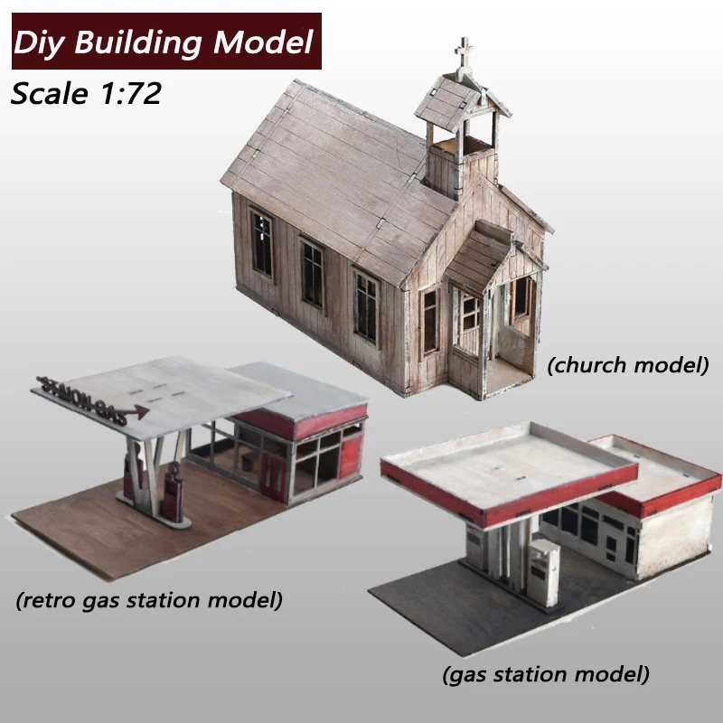 1/72 miniaturowa symulacja kościół/stacja gazowa Model budynku drewniane materiały architektury Diy ręcznie robiona zabawka prezent dla dziecka 1 sztuk