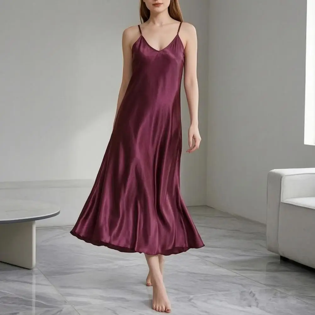 Women Silk Nightdress Deep V-neck Mid Length Slim Fit Sexy V-neck Suspender Soft And Smooth Twisted Satin Nightgown Sleep Dress