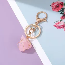 Natural Raw Stone Crystal Keychain Amethyst Rose Quartz Healing Crystals Rough Stones Golden Wire Wrapped Gemstone Charm Keyring