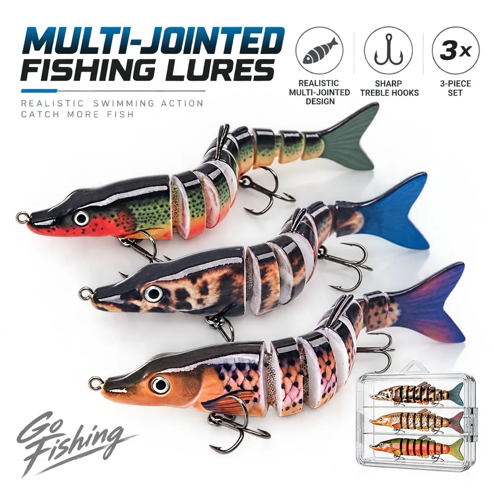 Lifelike Predator Lure 8-Segment Pike Swimbait 3/5/10 Pack Slow Sinking Wobbler Rattle 3D Eyes for Bass Walleye in Pond