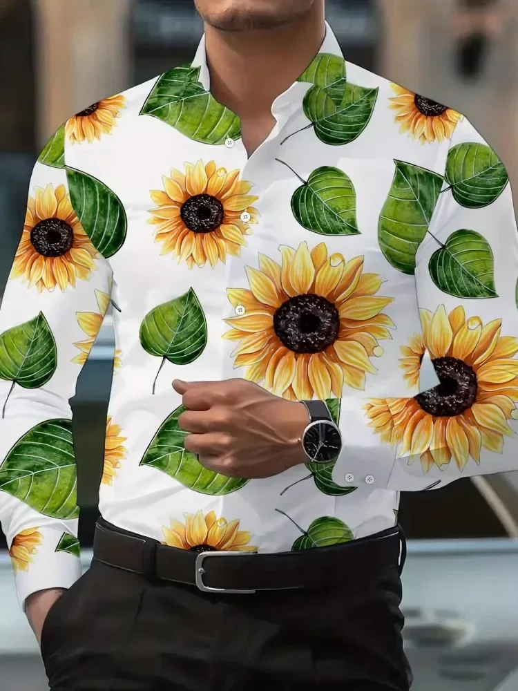 New Men's Long Sleeve Shirt Tropical Floral Palm Leaf Print Turn‑down Collar Casual Vacation Beach Top Mens Clothing