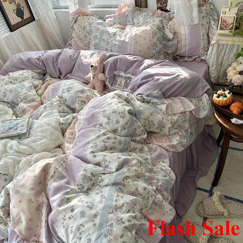 

2025 Korean Princess Style Floral Ruffles Bedding Set Skin-friendly Soft Duvet Cover Set Bed Sheet Or Bed Skirt Pillowcases