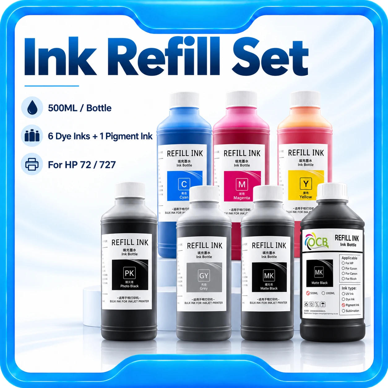 500ML 6 Color Dye Ink for HP 72 727 T610 T770 T790 T1100 T1120 T1200 T1300 T2300 T920 T1500 T2500 T930 T1530 T2530 Printer