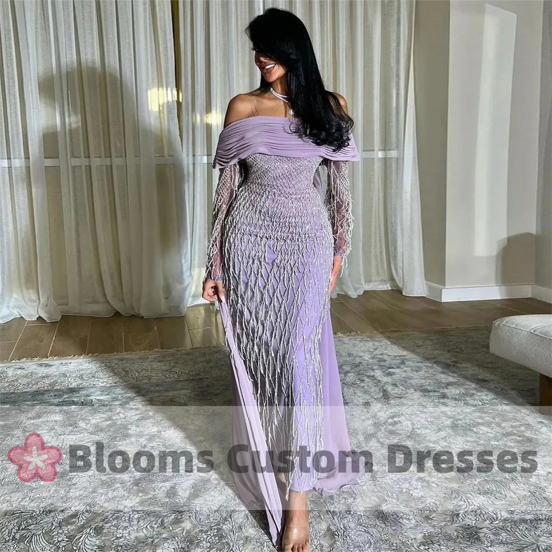 Blooms Off Shoulder Customized Prom Dress Saudi Women Shiny Tassels Party Evening Dresses Long Sleeves Formal Occasion Gown