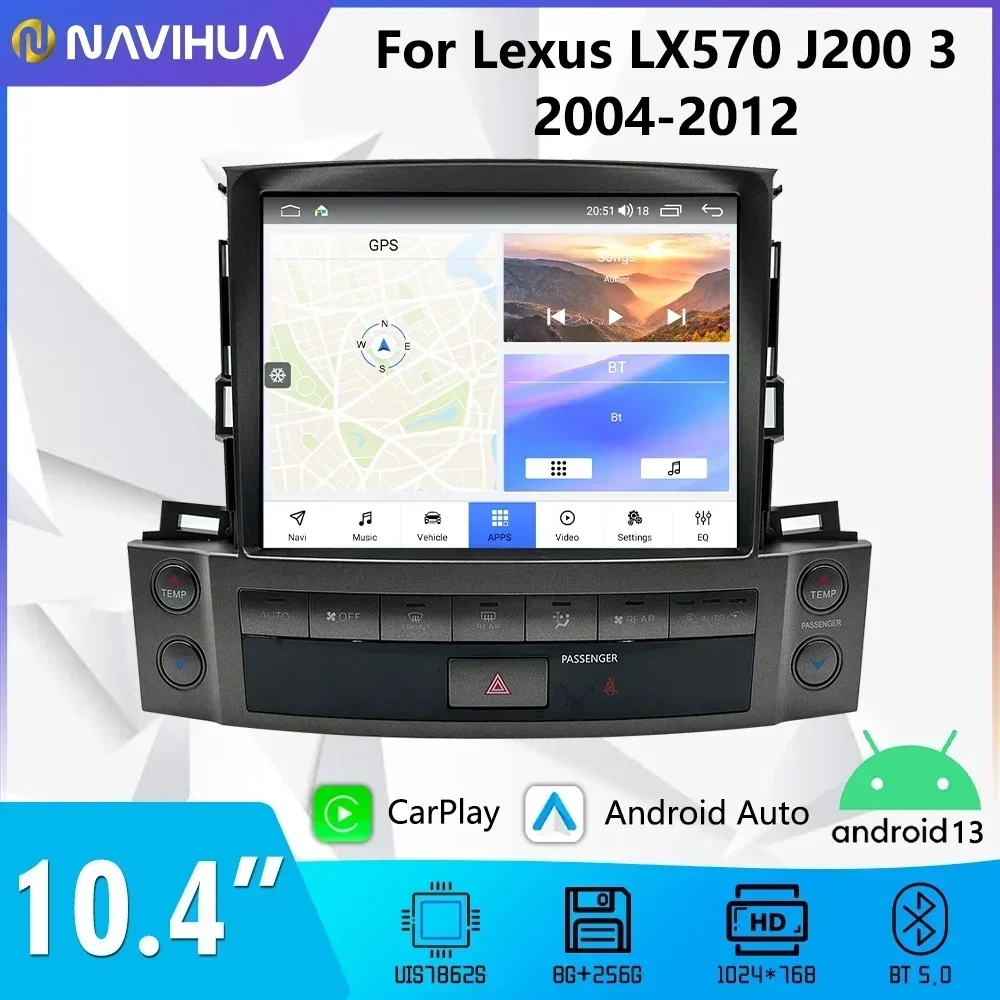 

Автомобильный радиоприемник 10,4 дюймов Android 13,0 для Lexus LX570 J200 3 2004-2012 GPS-навигация стерео Мультимедийный Плеер для Carplay с сенсорным экраном