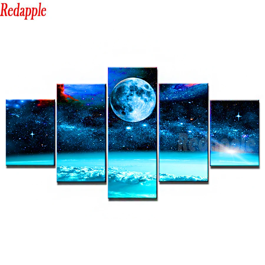 Full Square Diamond Painting, 5 Panel, Planet, Universe, Space, Starry Sky, Earth, Moon, Diamond Embroidery Mosaic, Living Room