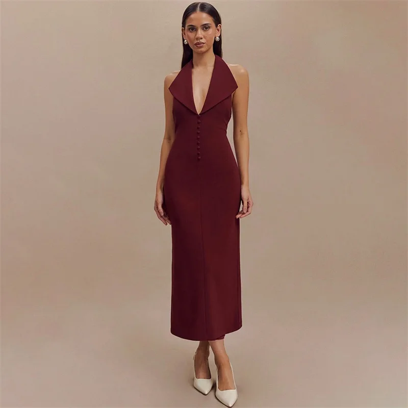 

Halter Lapel Buttons Women's Prom Dress Sleeveless Backless Party Gown Multiple Colours Sheath Slim Evening Skirt Spicy Newest