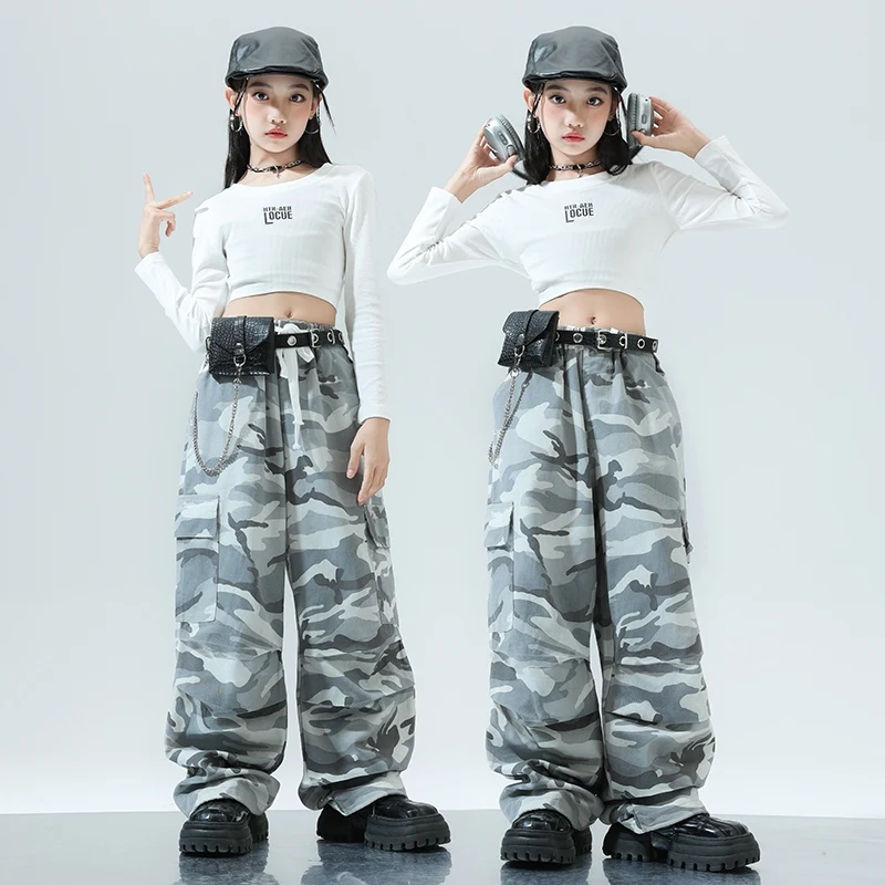 

Jazz Dance Costume Hip-hop White Long Sleeve Crop Top Camouflage Pants Outfit Pants Street Dance Catwalk Show Costumes DQL9489