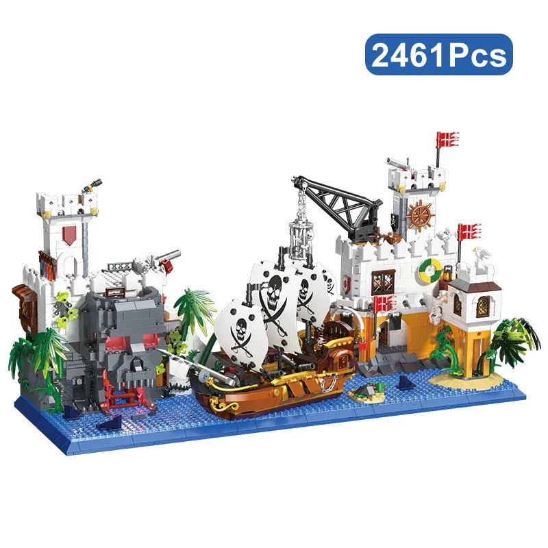 

2461Pcs MOC Creative Pirate Bay Corsair Vessels Model Building Blocks City Pirate Ship Street View Mini Bricks Toys For Kid Gift