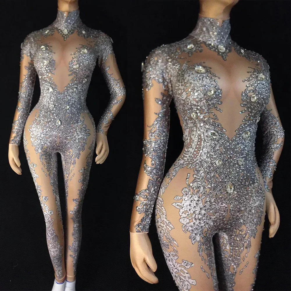 

Women Sparkling Rhinestones Pattern Printing Silver Long Sleeve Personality Performance Jumpsuit 2025 New Nightclub Dance Wear