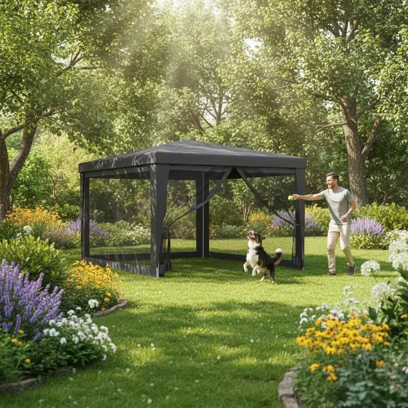 Tente de fête anthracite 3x4m, structure en fer poudré, toit en PEHD imperméable anti-UV, 4 parois en maille anti-insectes, une entrée zippée, protection solaire, pour barbecue, mariage, jardin, avec piquets et cordes fournis, montage simple, idéale pour les événements extérieurs, stable et aérée.