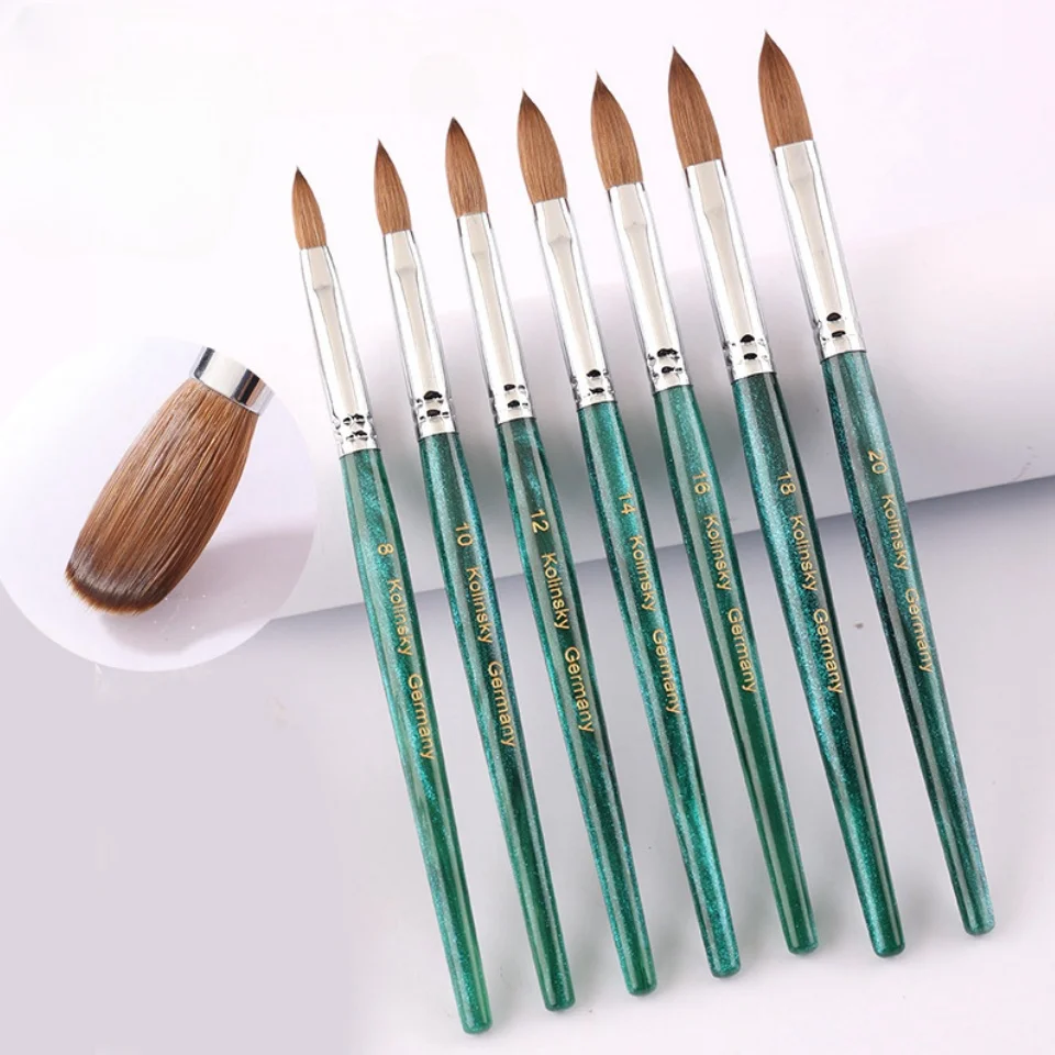 100% Kolinsky Hair Acrylic Nail Brush, Nail Art Brushes with Green Plastic Handle, Acrylic Nail Tools for Beginner