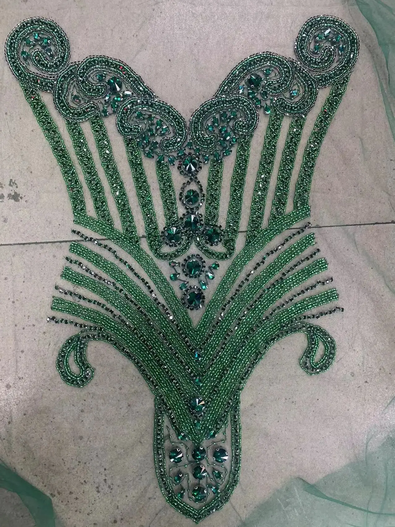 35*55 cm Green Beads handmade French  Embroidery  Lady Cloth Accessory Applique Sawing Bridal Haute Couture  Dress/ Fashion Show