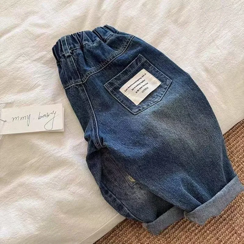 

Children's Jeans Spring and Autumn Boys and Girls Loose Hole Straight Leg Pants Kids Korean Version Trousers