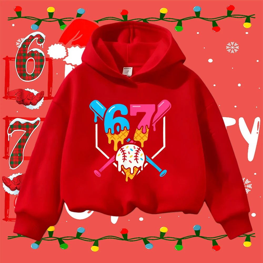 Felpa natalizia per bambini 67 Gelato Mazza da baseball Stampa Bambino Ragazzi Ragazze Inverno Casual Pullover a maniche lunghe Top