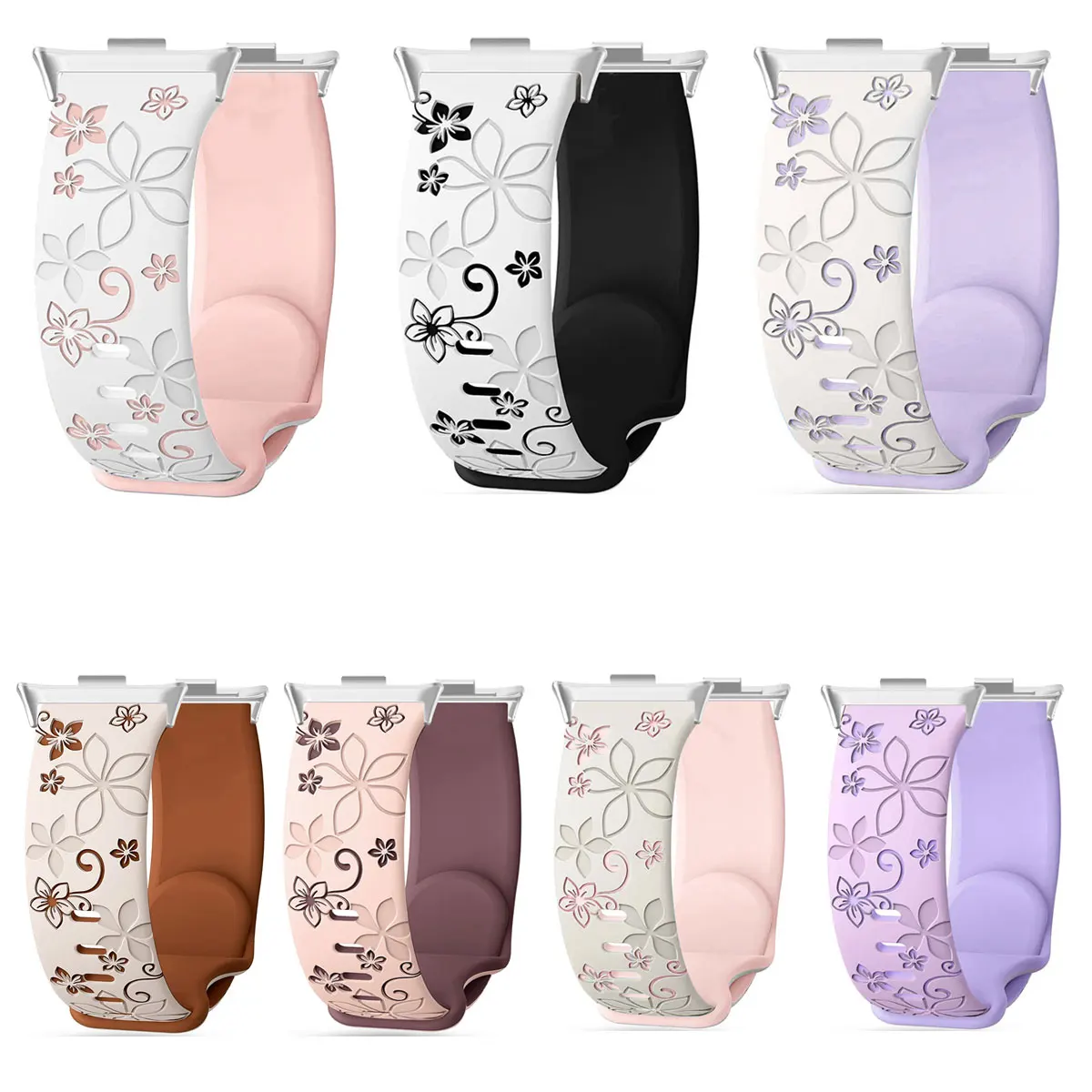 حزام سيليكون عالمي 20 ملم مزدوج اللون منحوت على شكل زهرة لهاتف Xiaomi Band 8/9 Pro، حزام رياضي Redmi Watch 4/5 لهاتف Huawei Fit3/4