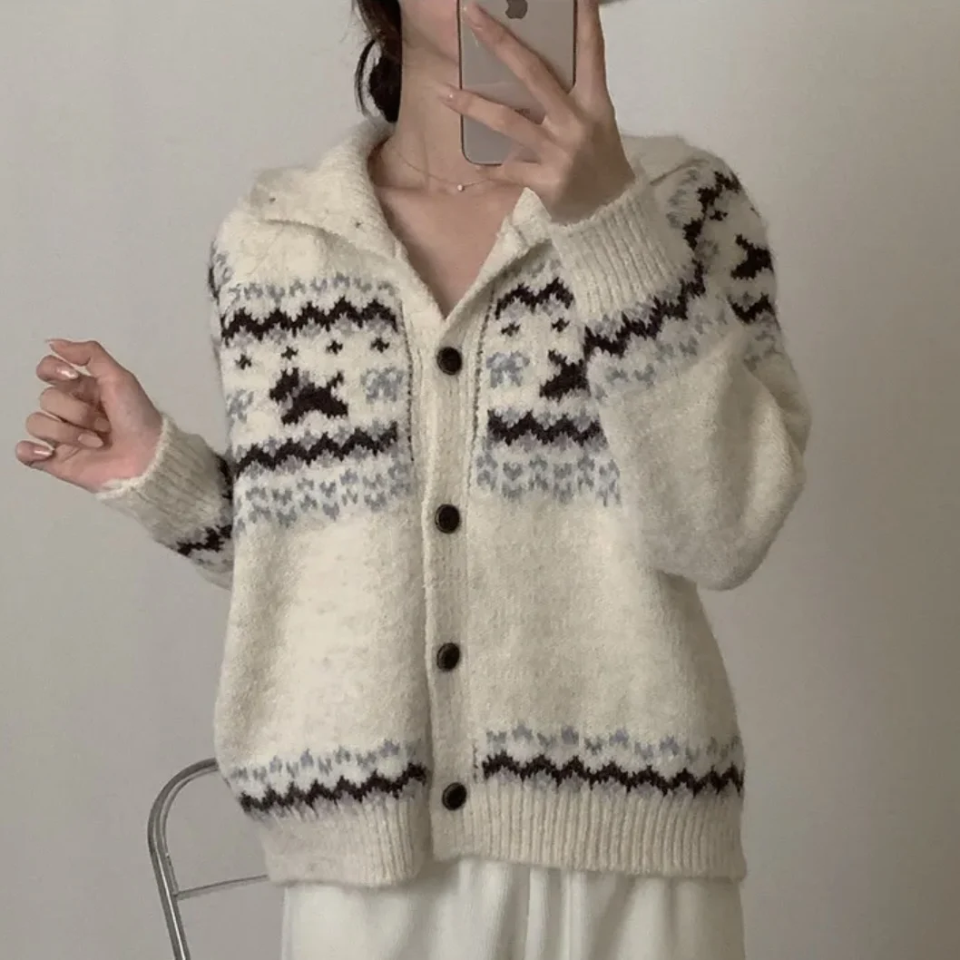 

Ele Осень Зима Nordic Sle Fair Isle Pattern High Ne Винтажный шерстяной свитер Кардиган Полная шерстяная верхняя одежда Шикарная одежда для поездок на работу...