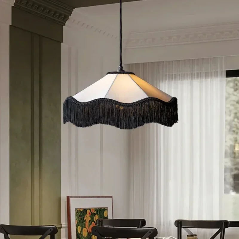 Retro Fabric Chandelier Cloth led Pendant Light for Bedroom Living Room Bar Loft Cream Style Tassel Pendant lamp