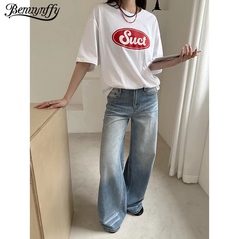 

Benuynffy Retro Blue Loose Wide Leg Jeans For Women 2026 Summer New American Streetwear High Waisted Straight Leg Long Trousers