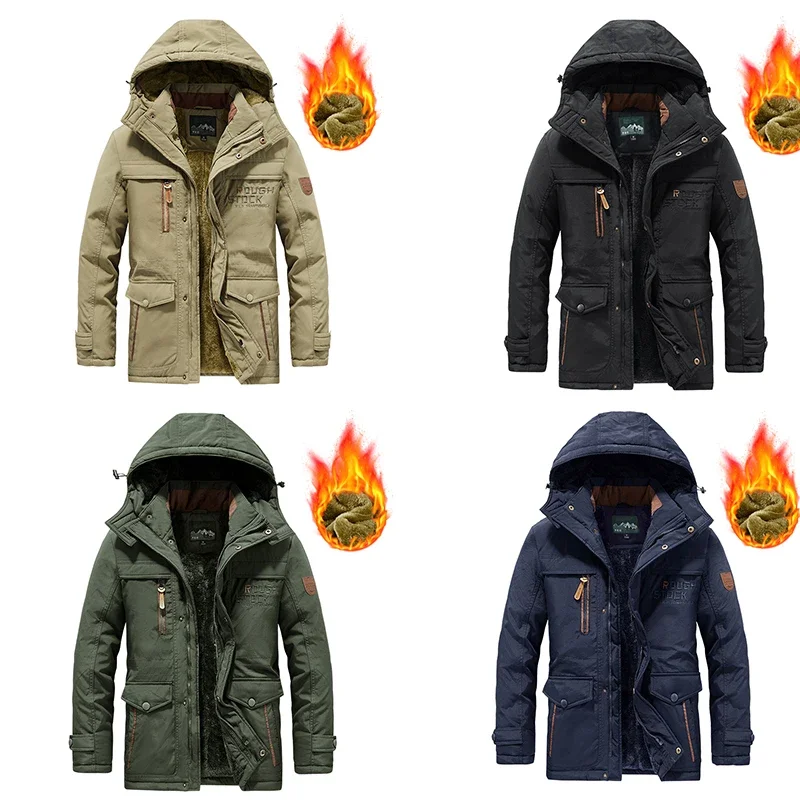 

coats offer free shipping Cotton-padded Jacket Men Extra Warmth Fat Medium Long Multi-pocket Cotton-padded Jacket Winter Coats