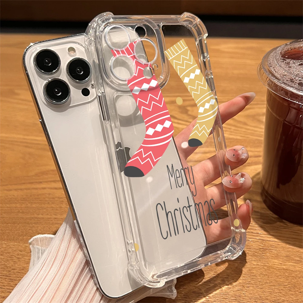 Luxury Shockproof Transparent Phone Case for iPhone 15 14 13 ProMax XR XS Max 7 8Plus SE 12 11 Merry Christmas Hard Back Cover