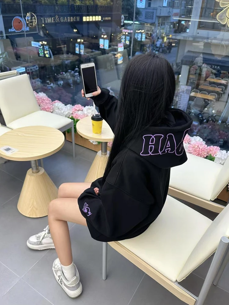 Retro americano high street bordado hoodie feminino outono inverno solto casal preguiçoso sle fce forrado jaet