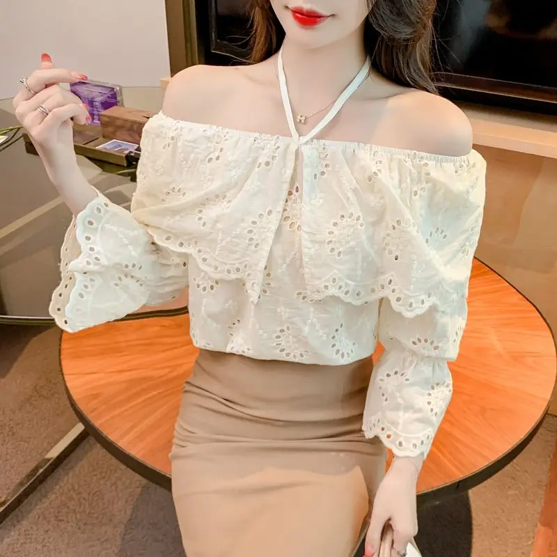 Spring Summer New Seven-quarter Sleeve Shoulder Top Women's Design Ruffle Edge Hollow Lace Shirt Women's Temperament Commuting