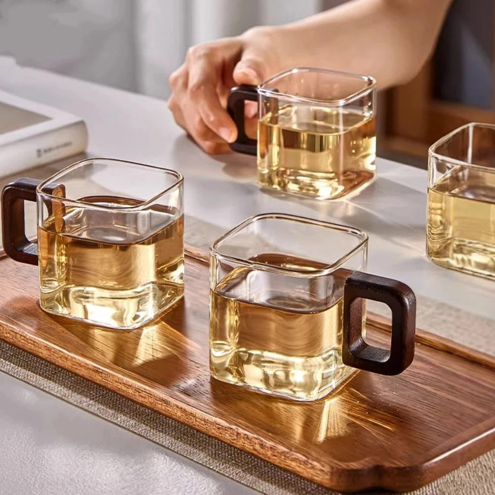 Practical Thicken Glass Coffee Mug Heat-resistant Wooden Handle Teacup Mini Square Office Water Cup Home Use