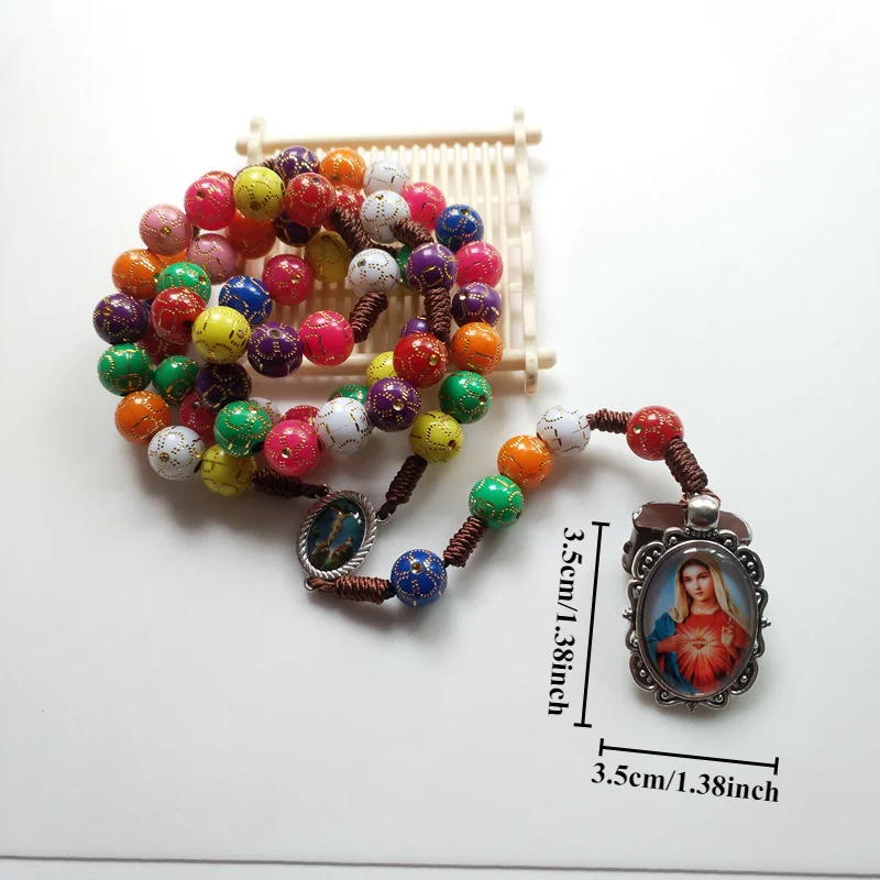 Catholic Rosary Chaplet Braided Retro Colorful Prayer Bead Chain Our Lady Virgin Mary Y-Necklace Jesus Christ Medal Jewelry Gift