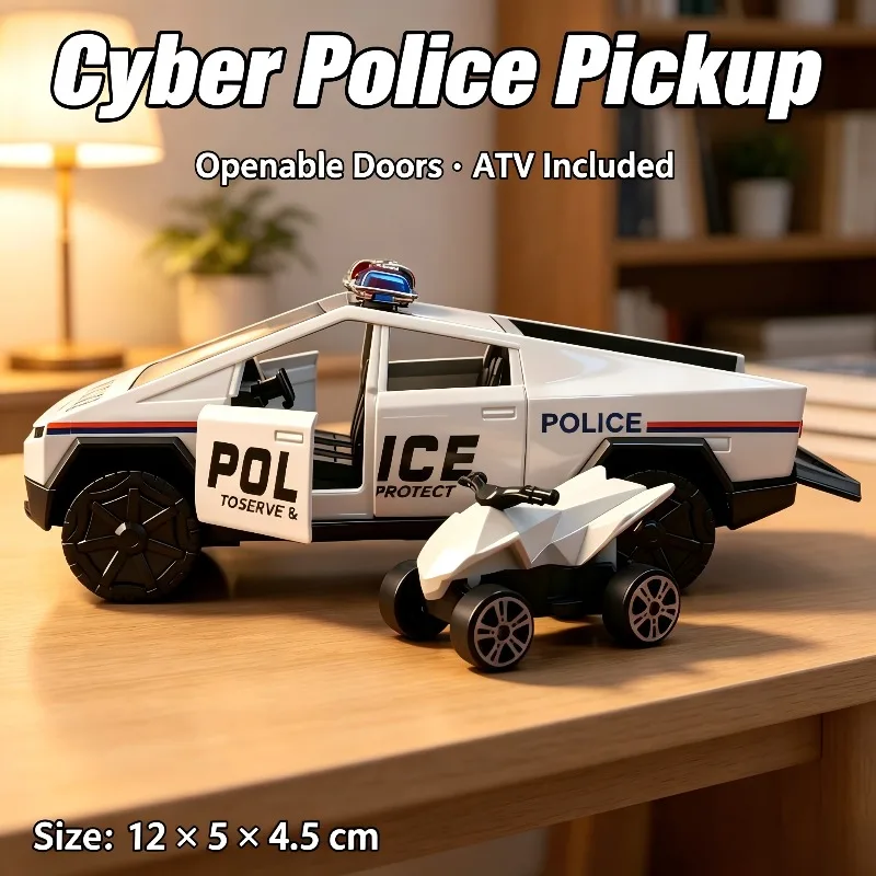 1:36 Cyber Police Pickup Alloy Diecast Model, Pull Back Toy Truck, Openable Doors, With Mini ATV, Desktop Ornament, Holiday Gift